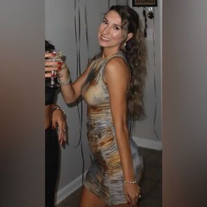 PrettyLittleThing Shape Tan Tie Dye Ribbed Bodycon Dress